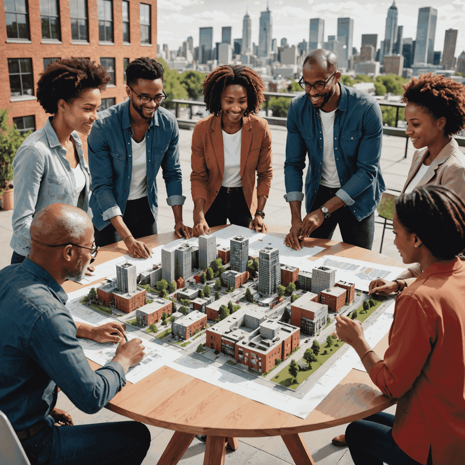 Diverse Gruppe von Menschen, die gemeinsam an einem Gemeinschaftsprojekt arbeiten. Sie stehen um einen Tisch herum, auf dem Pläne und Modelle zu sehen sind. Im Hintergrund ist eine lebendige Stadtlandschaft zu erkennen.