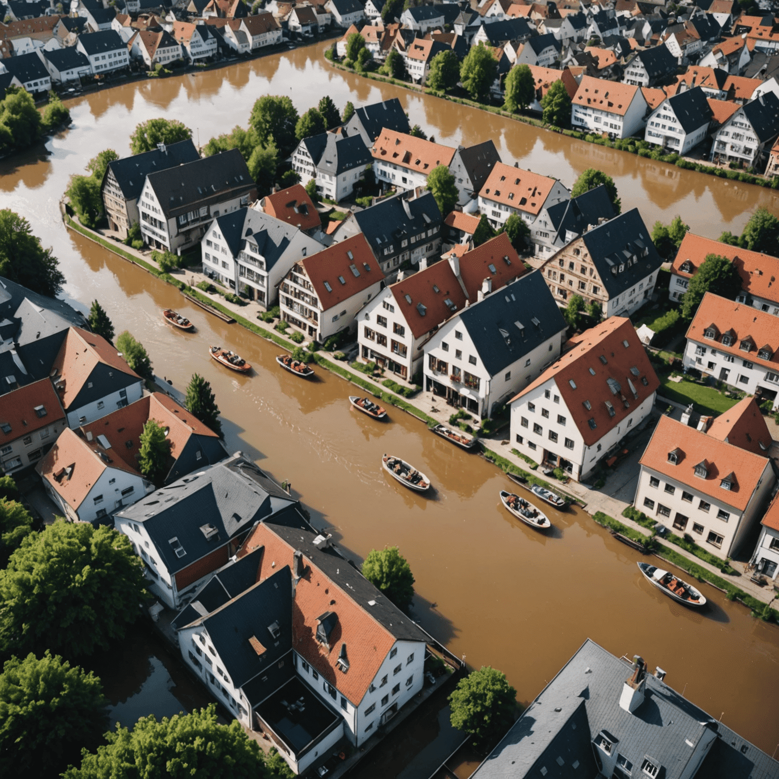 Luftaufnahme von überfluteten Straßen und Häusern in einer süddeutschen Stadt, Rettungsboote sind im Einsatz