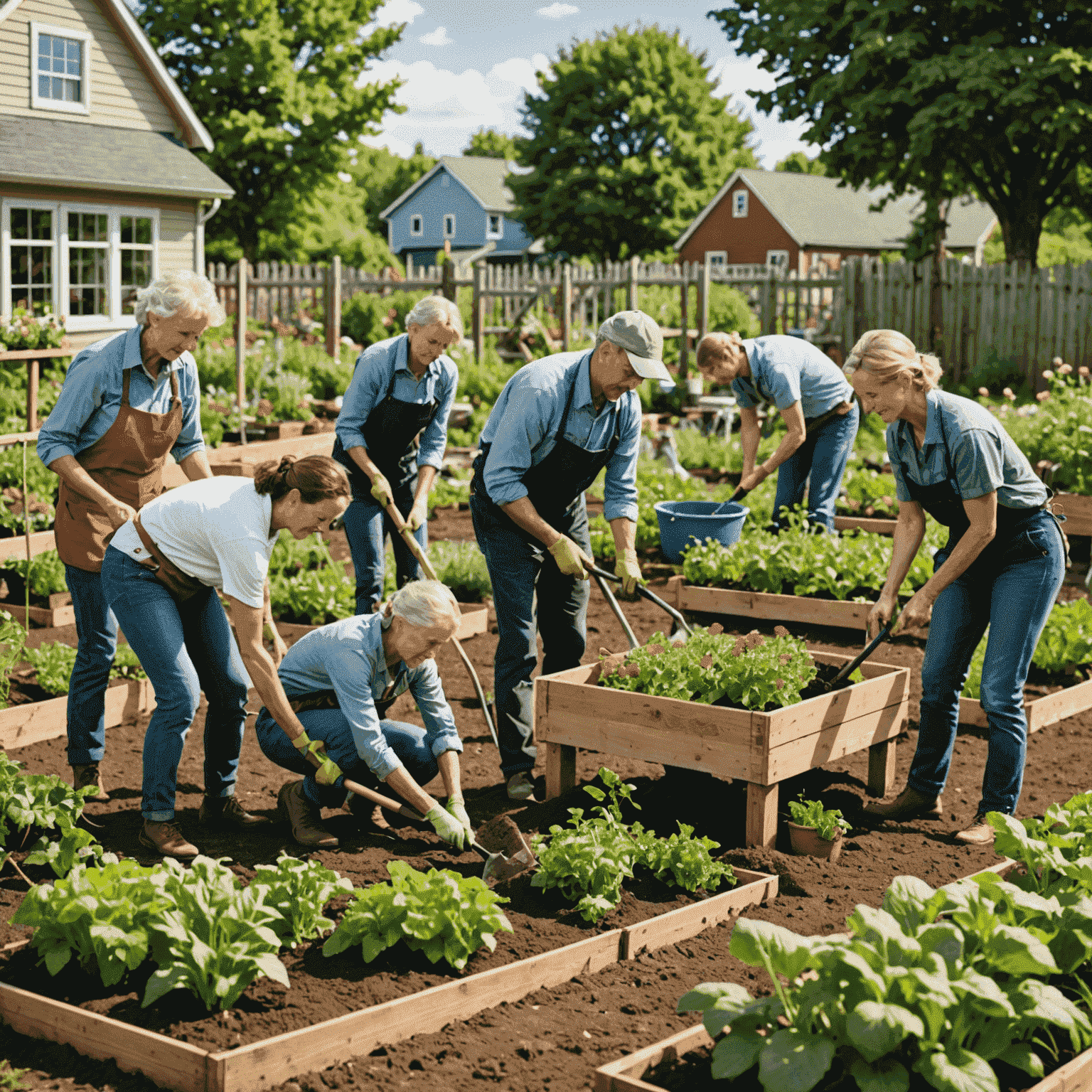 Gruppe von Menschen, die gemeinsam an einem Gemeinschaftsgarten arbeiten, Pflanzen setzen und Beete pflegen
