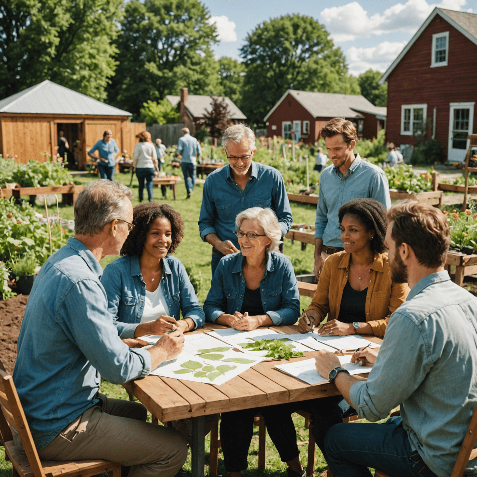 Gruppe von Menschen, die an einem Tisch sitzen und Pläne für ein Gemeinschaftsgartenprojekt besprechen