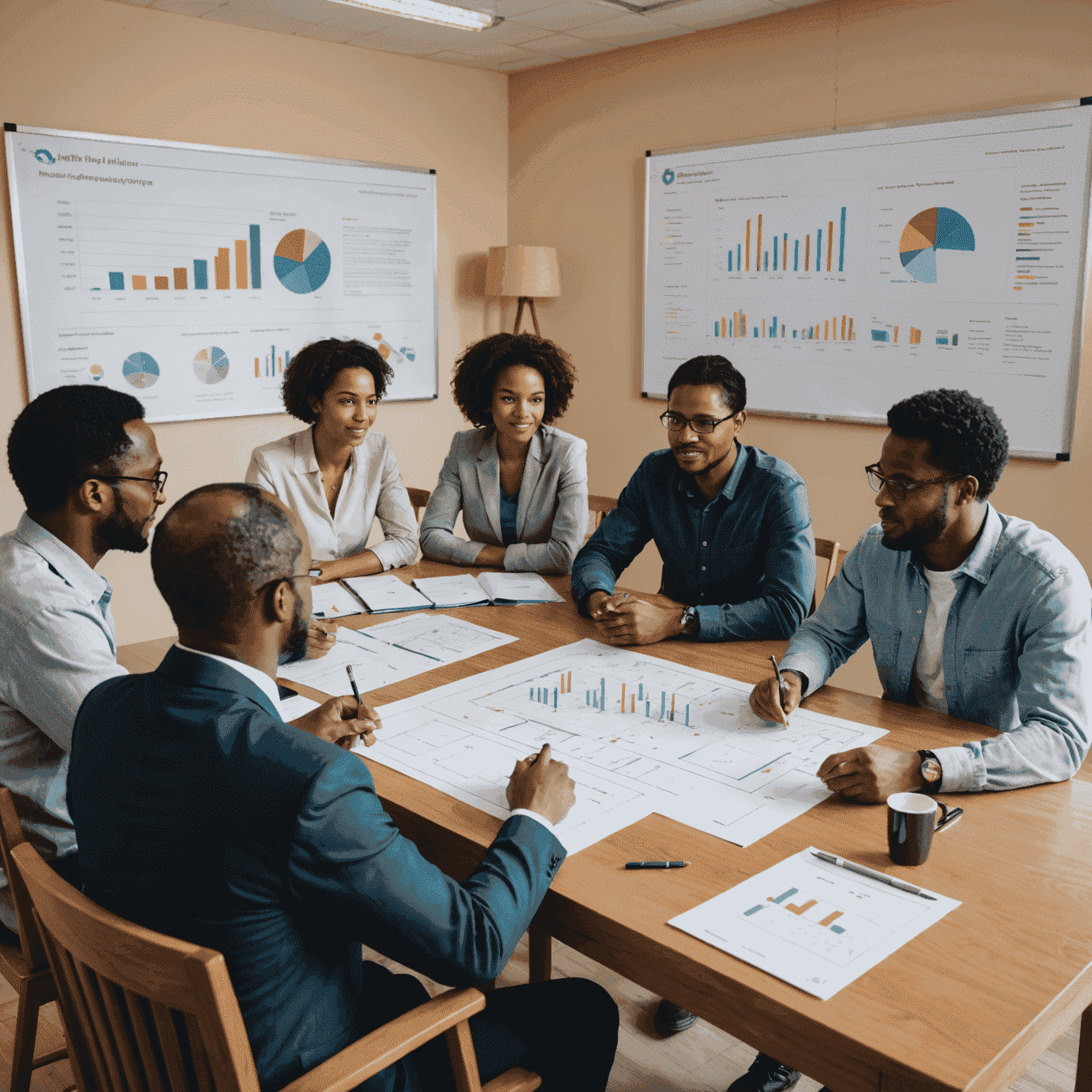 Eine Gruppe von Menschen, die gemeinsam an einem Tisch sitzen und Finanzierungspläne für ein Gemeinschaftsprojekt besprechen. Im Hintergrund ist eine Tafel mit Diagrammen und Zahlen zu sehen.