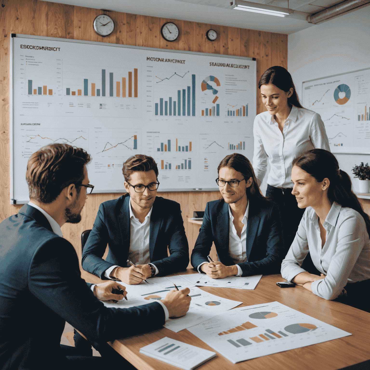 Eine Gruppe von Menschen, die gemeinsam an einem Tisch sitzen und Projektideen diskutieren. Im Hintergrund sind Finanzdiagramme und Projektpläne an einer Wand zu sehen.