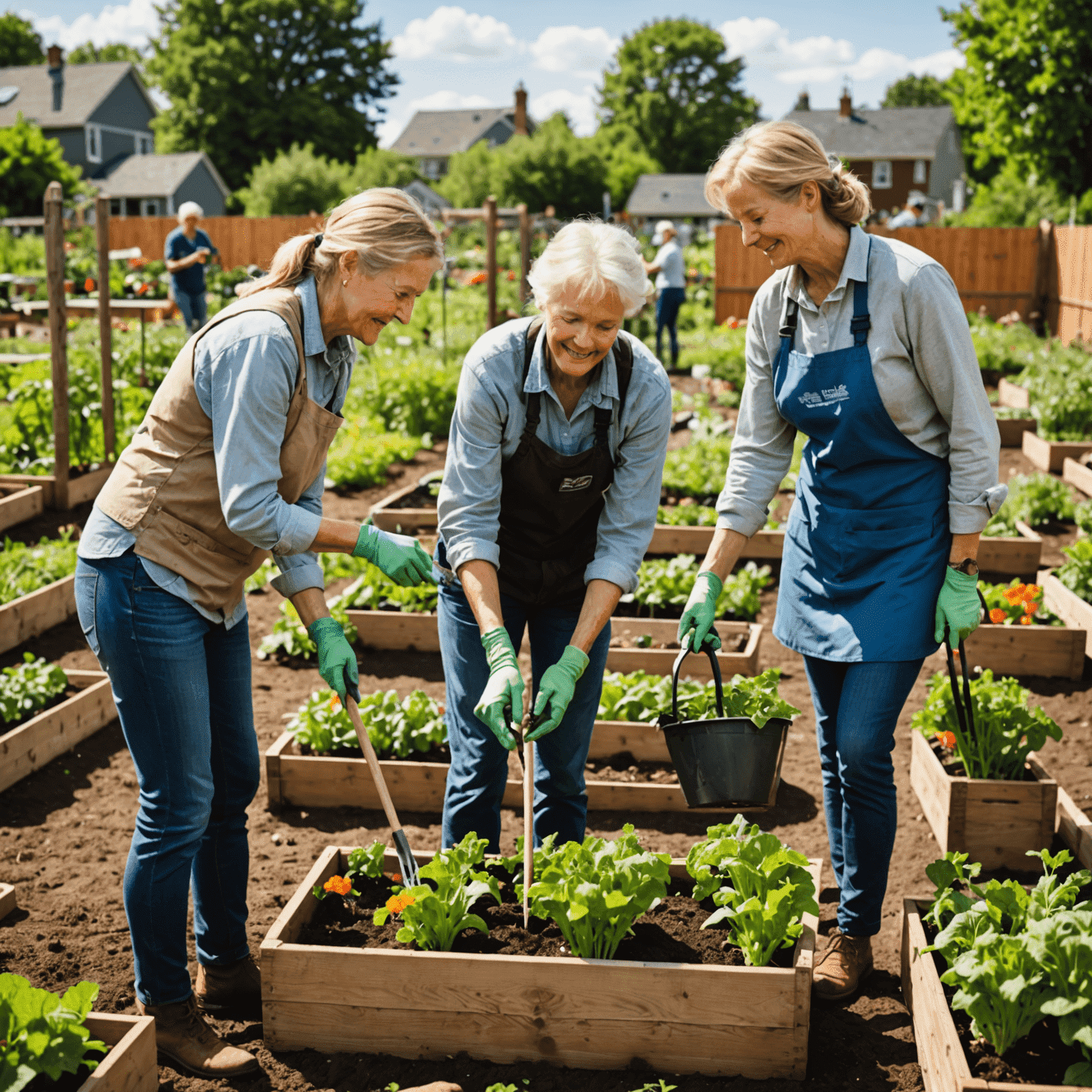 Freiwillige arbeiten gemeinsam in einem Gemeinschaftsgarten, pflanzen Gemüse und Blumen