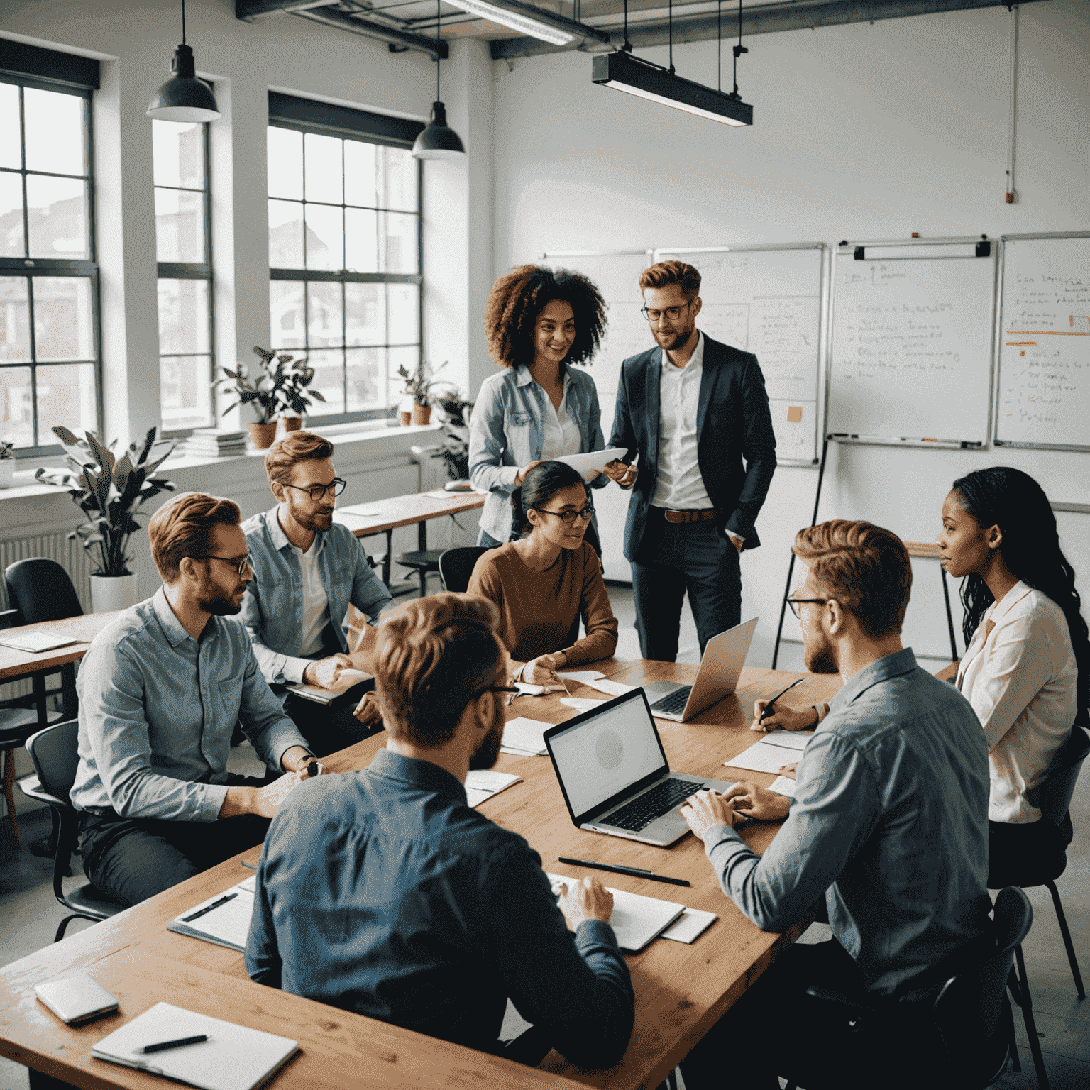 Gruppe von Menschen, die an einem Workshop-Tisch sitzen und zusammenarbeiten. Sie diskutieren über Projektmanagement-Techniken und nutzen Whiteboards und Laptops.