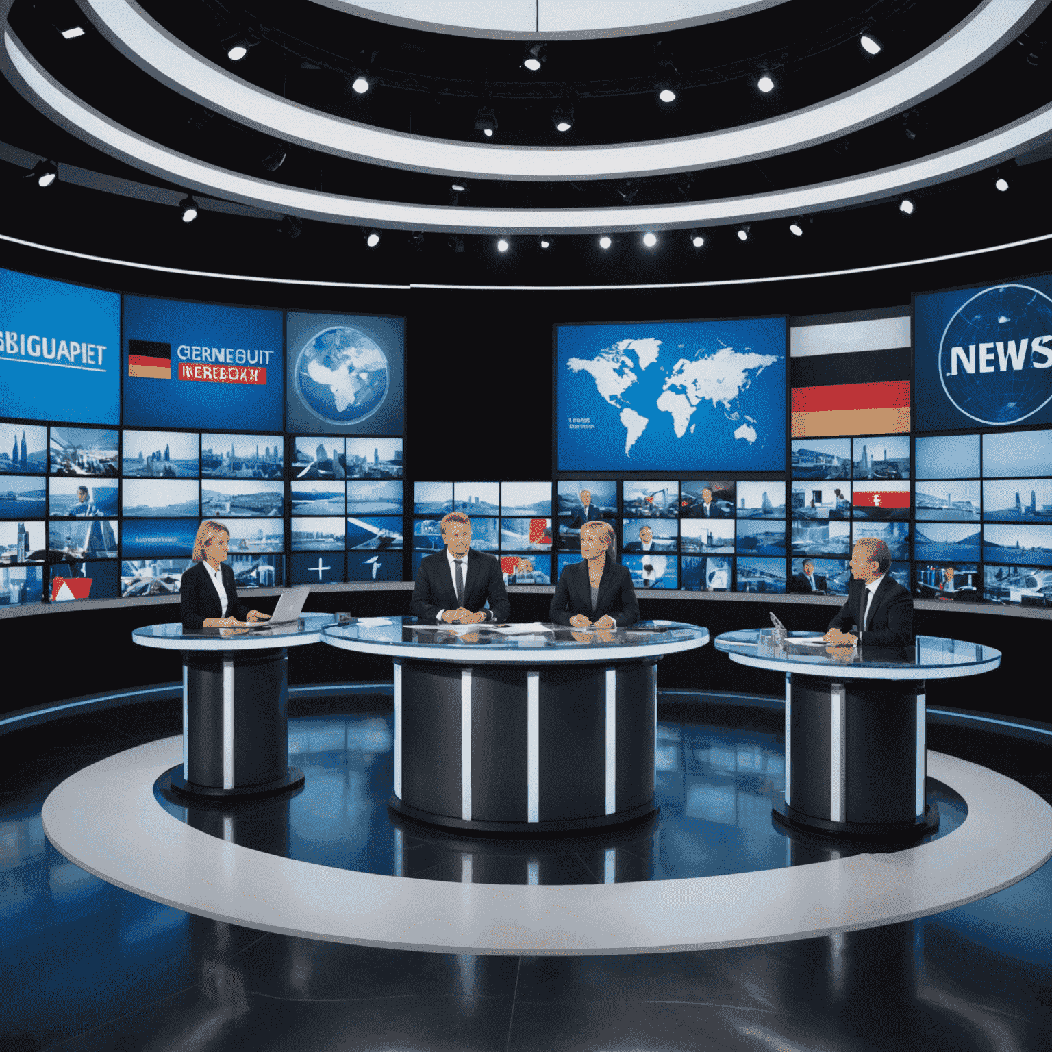 Ein Nachrichtenstudio mit Moderatoren, die aktuelle Ereignisse präsentieren. Bildschirme im Hintergrund zeigen verschiedene Nachrichtenbilder aus Deutschland und der Welt.
