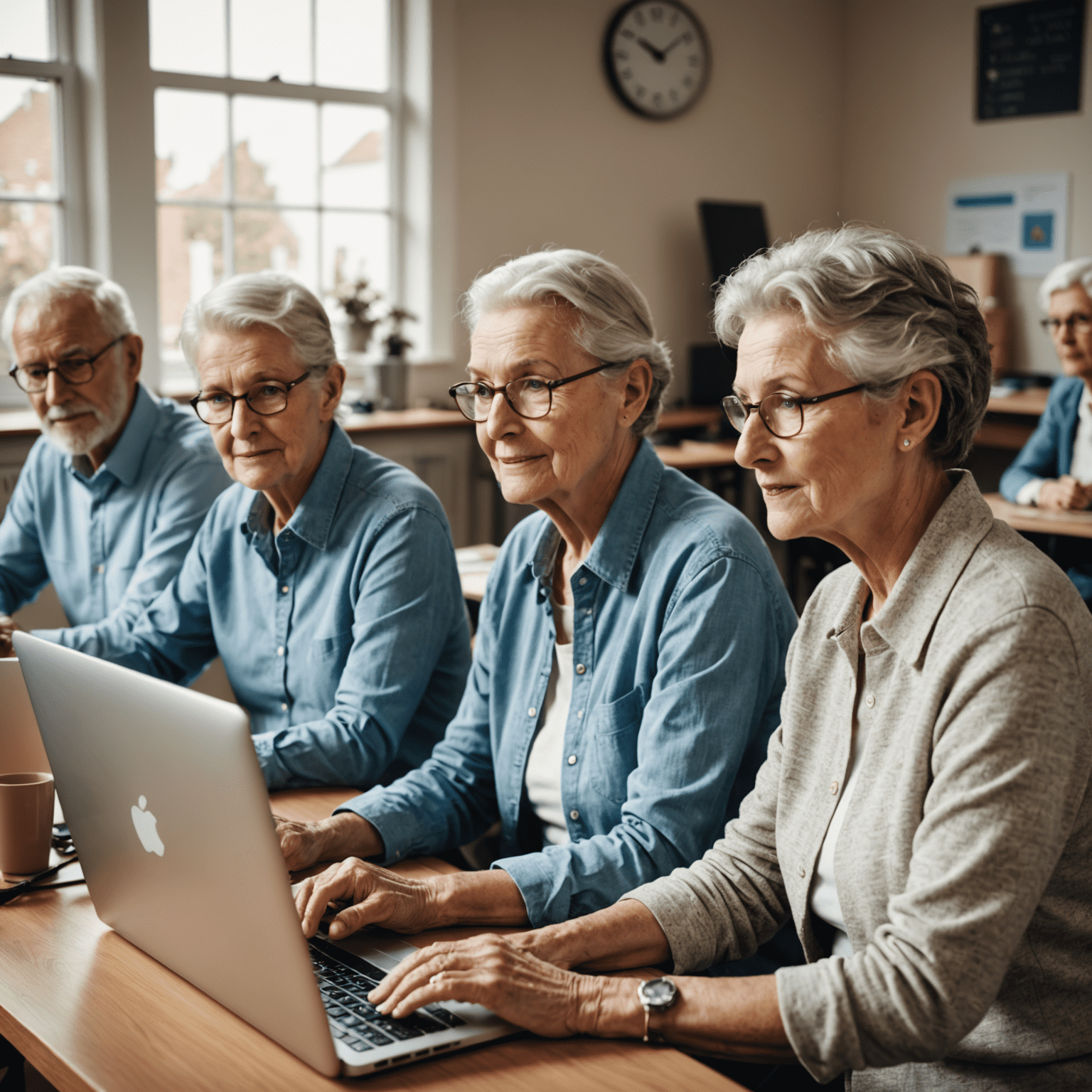 Senioren und Jugendliche, die gemeinsam an Computern sitzen und digitale Fähigkeiten erlernen
