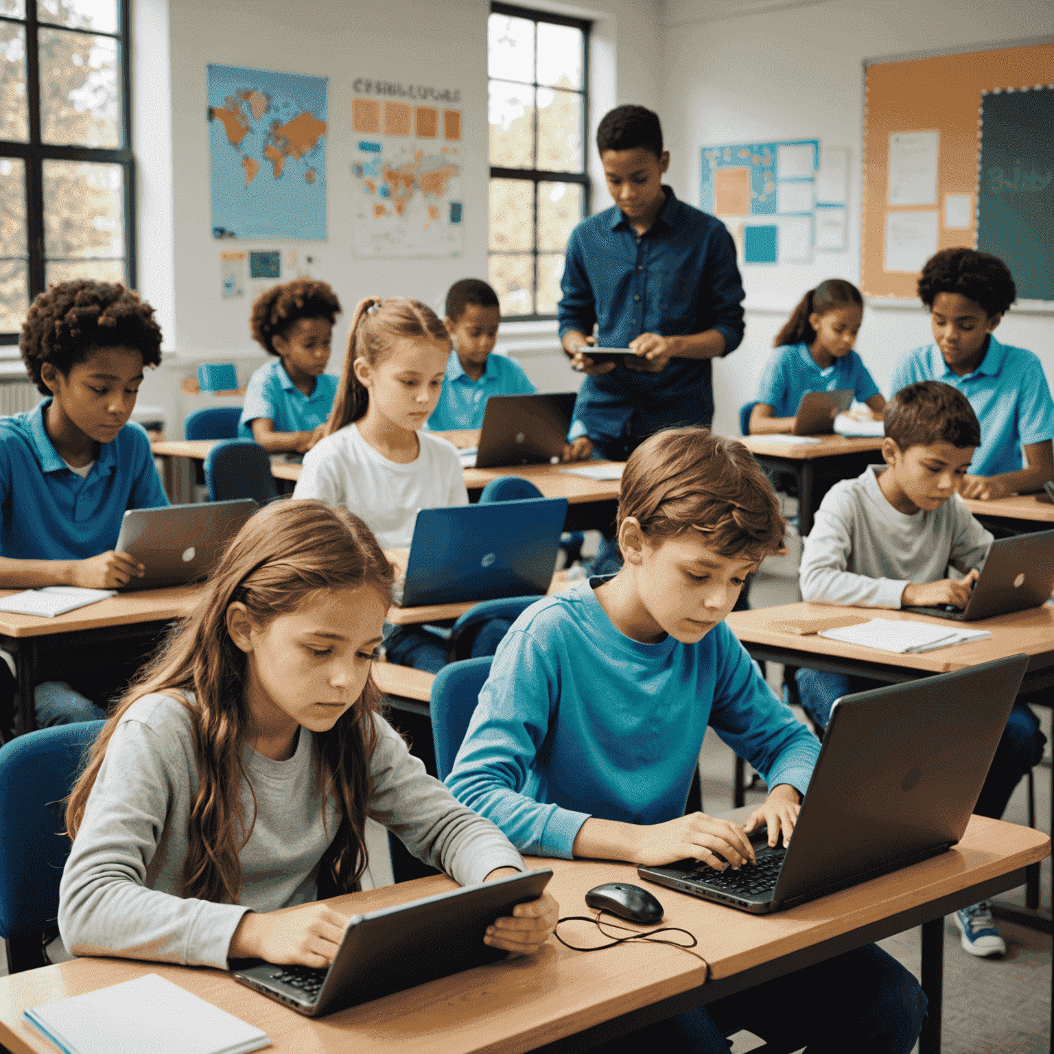 Kinder und Jugendliche, die an Computern in einem modernen Klassenzimmer arbeiten