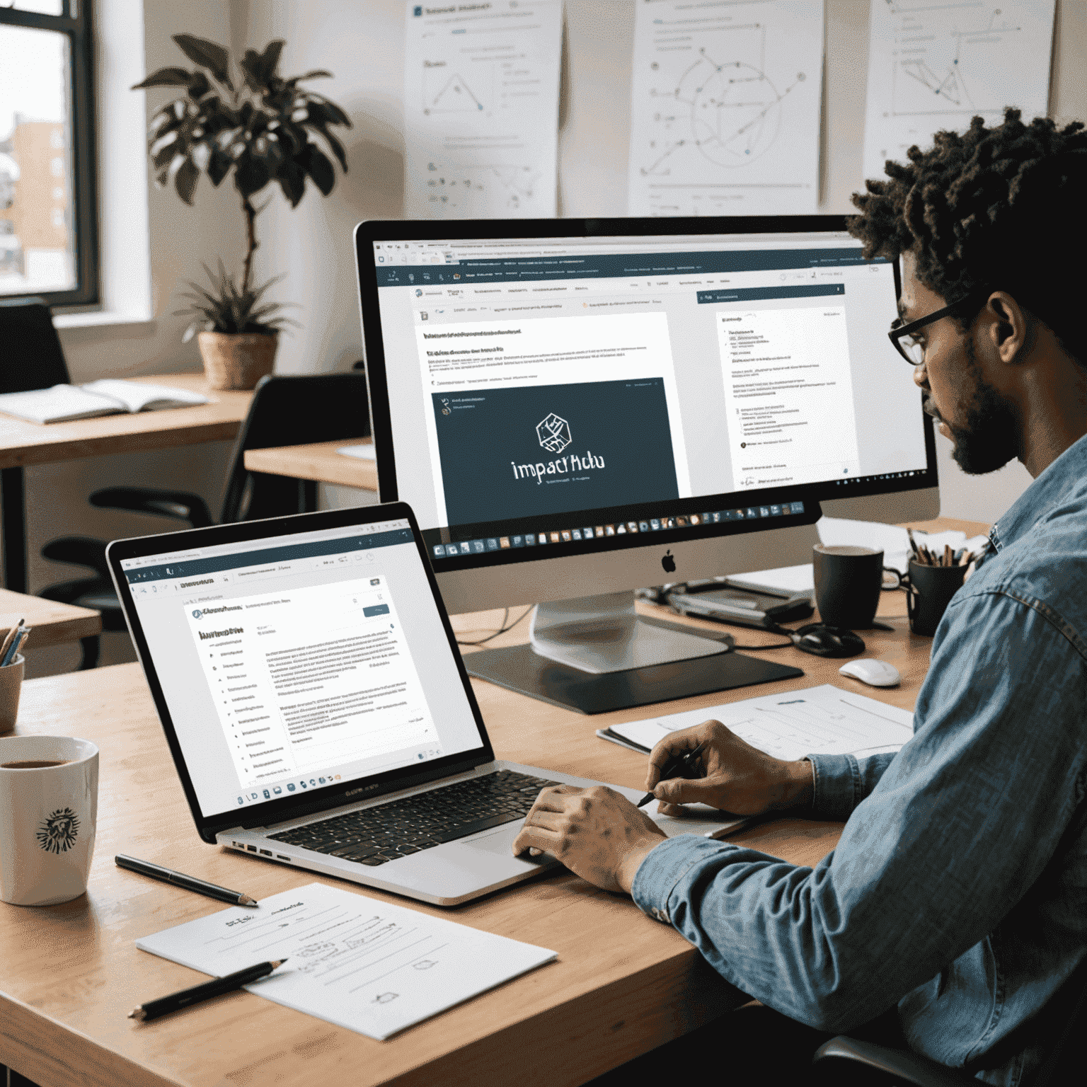 Eine Person, die an einem Computer sitzt und ein Formular ausfüllt. Auf dem Bildschirm ist das Logo von ImpactHub zu sehen, und neben dem Computer liegen Skizzen und Notizen zu einem Gemeinschaftsprojekt.