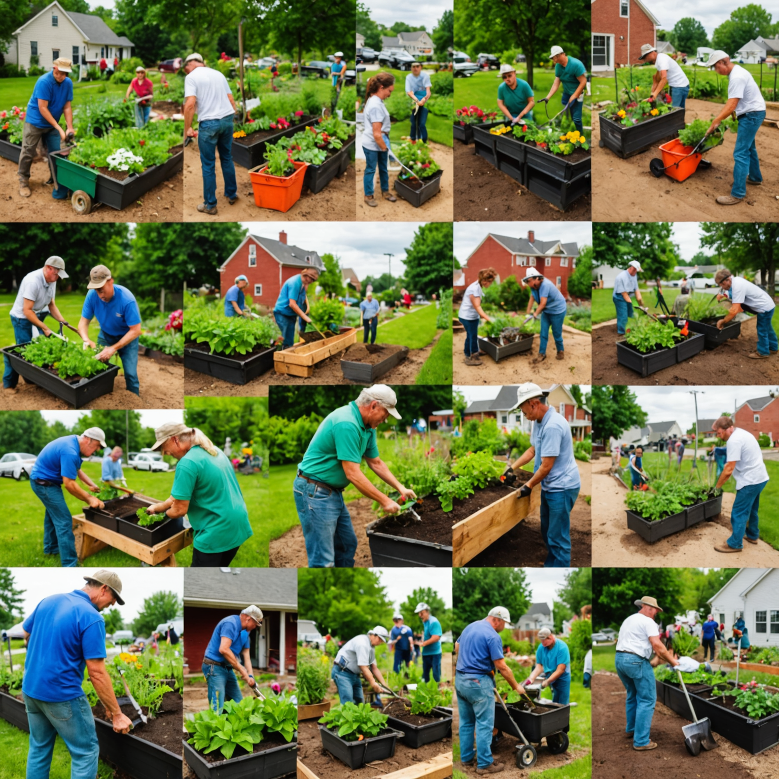 Eine Collage von Menschen, die an verschiedenen Gemeinschaftsprojekten arbeiten. Bilder zeigen Gartenarbeit, Renovierungen und Bildungsinitiativen.