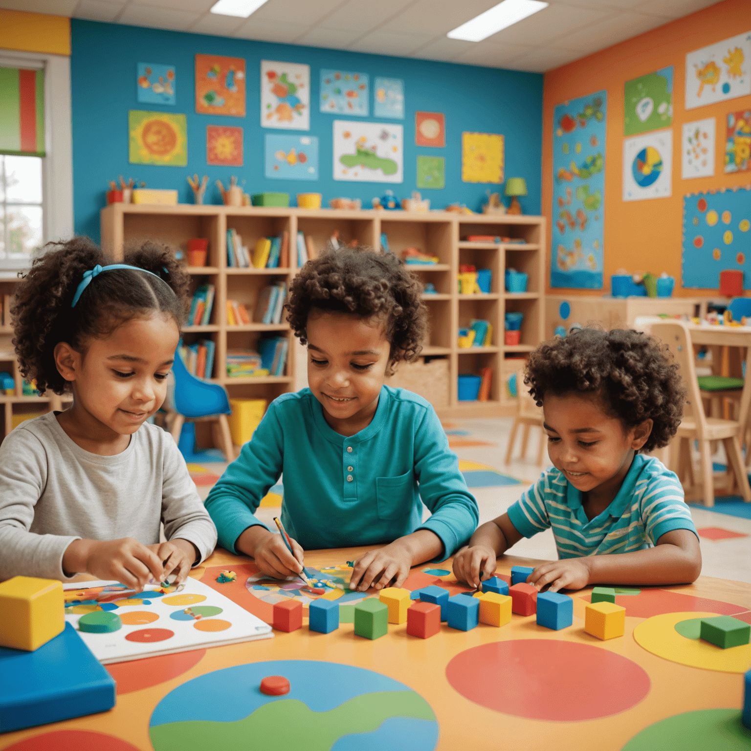 Kinder verschiedener Altersgruppen, die in einer bunten, interaktiven Lernumgebung spielen und lernen