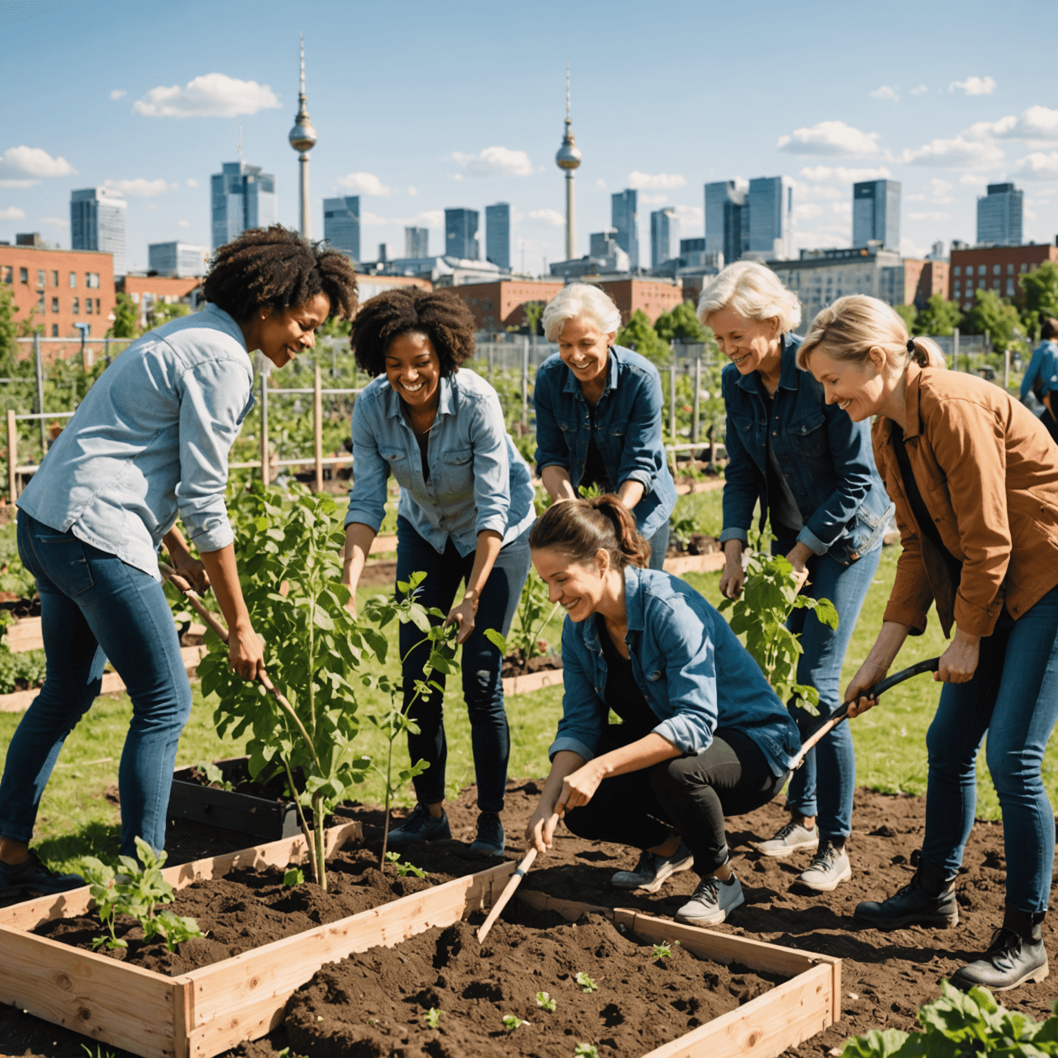 Eine vielfältige Gruppe von Freiwilligen, die gemeinsam an einem Gemeinschaftsgarten arbeiten. Sie pflanzen Bäume, bauen Hochbeete und interagieren fröhlich miteinander. Im Hintergrund ist die Skyline von Berlin zu sehen.