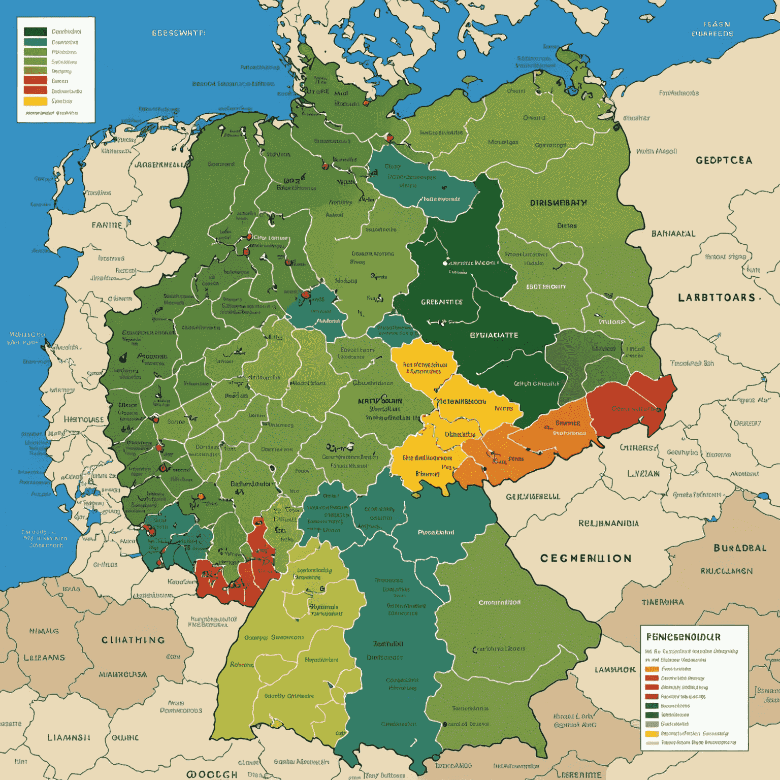 Eine Karte von Deutschland mit hervorgehobenen Regionen, die Finanzierungsmöglichkeiten anzeigen. Symbole für verschiedene Projektarten sind über der Karte verteilt.