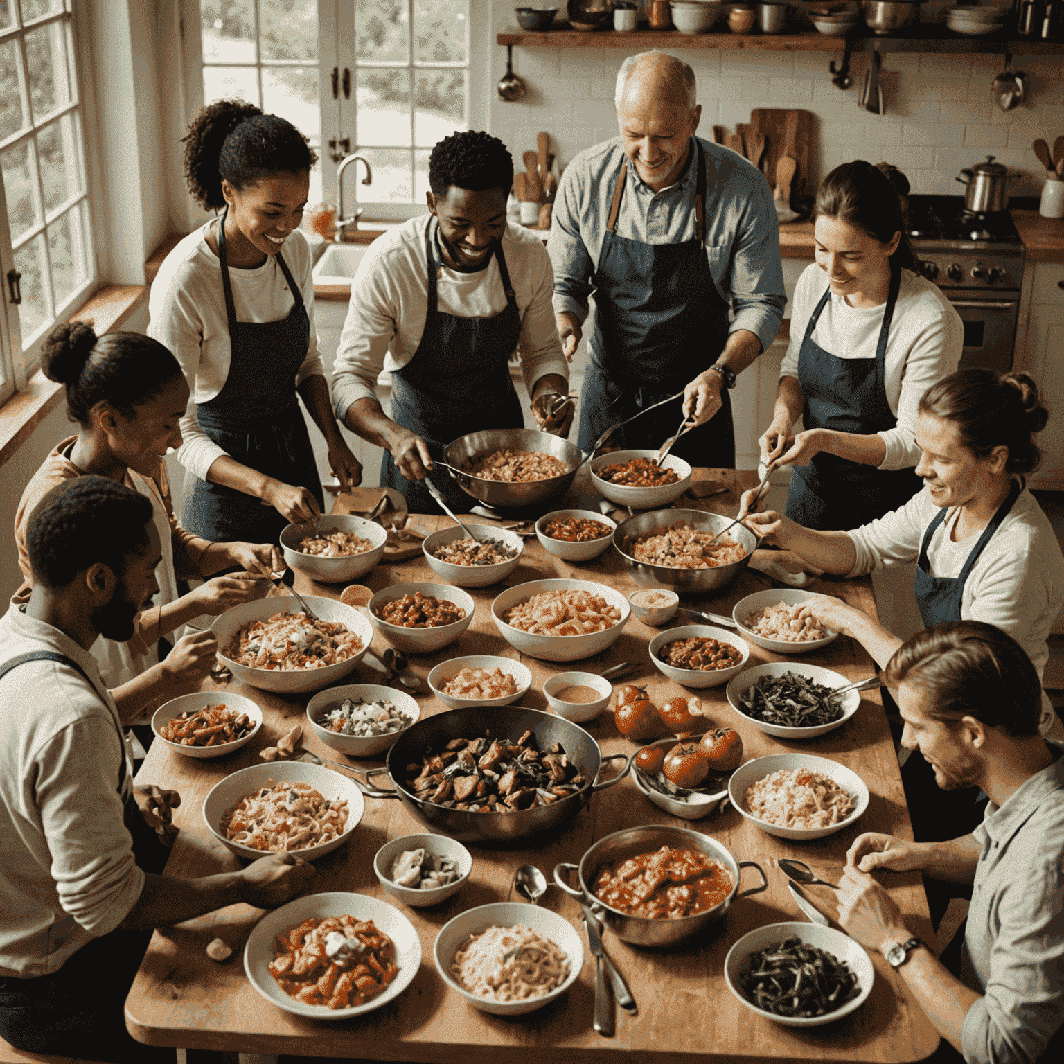 Diverse Gruppe von Menschen, die gemeinsam kochen und an einem großen Tisch essen