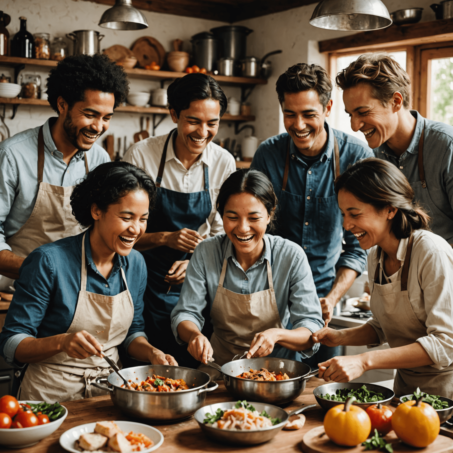 Eine Gruppe von Menschen verschiedener Kulturen, die gemeinsam kochen und lachen