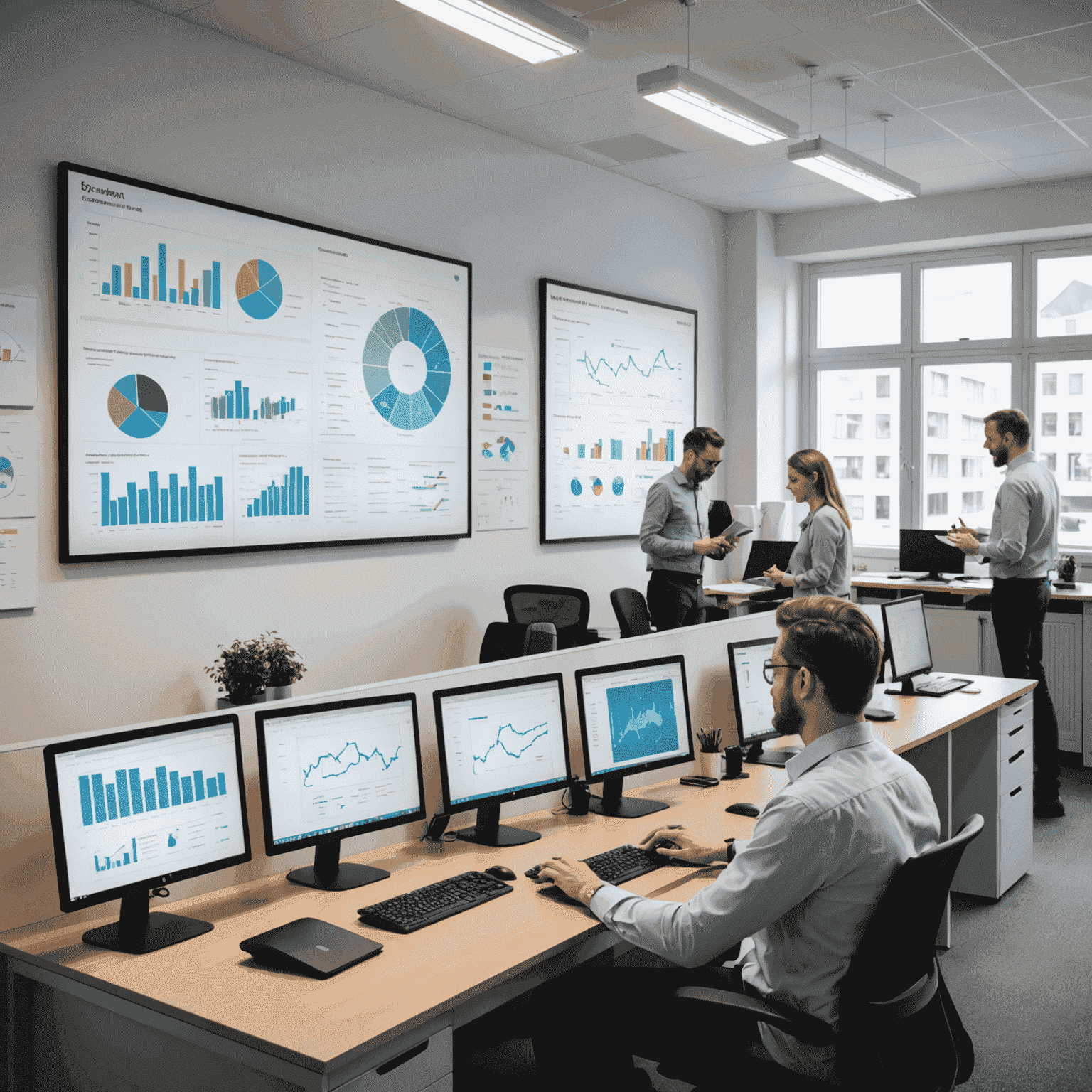 Ein Büro mit Mitarbeitern, die an Computern arbeiten und Diagramme analysieren. An der Wand hängen Infografiken, die die Auswirkungen verschiedener Projekte in deutschen Städten zeigen.