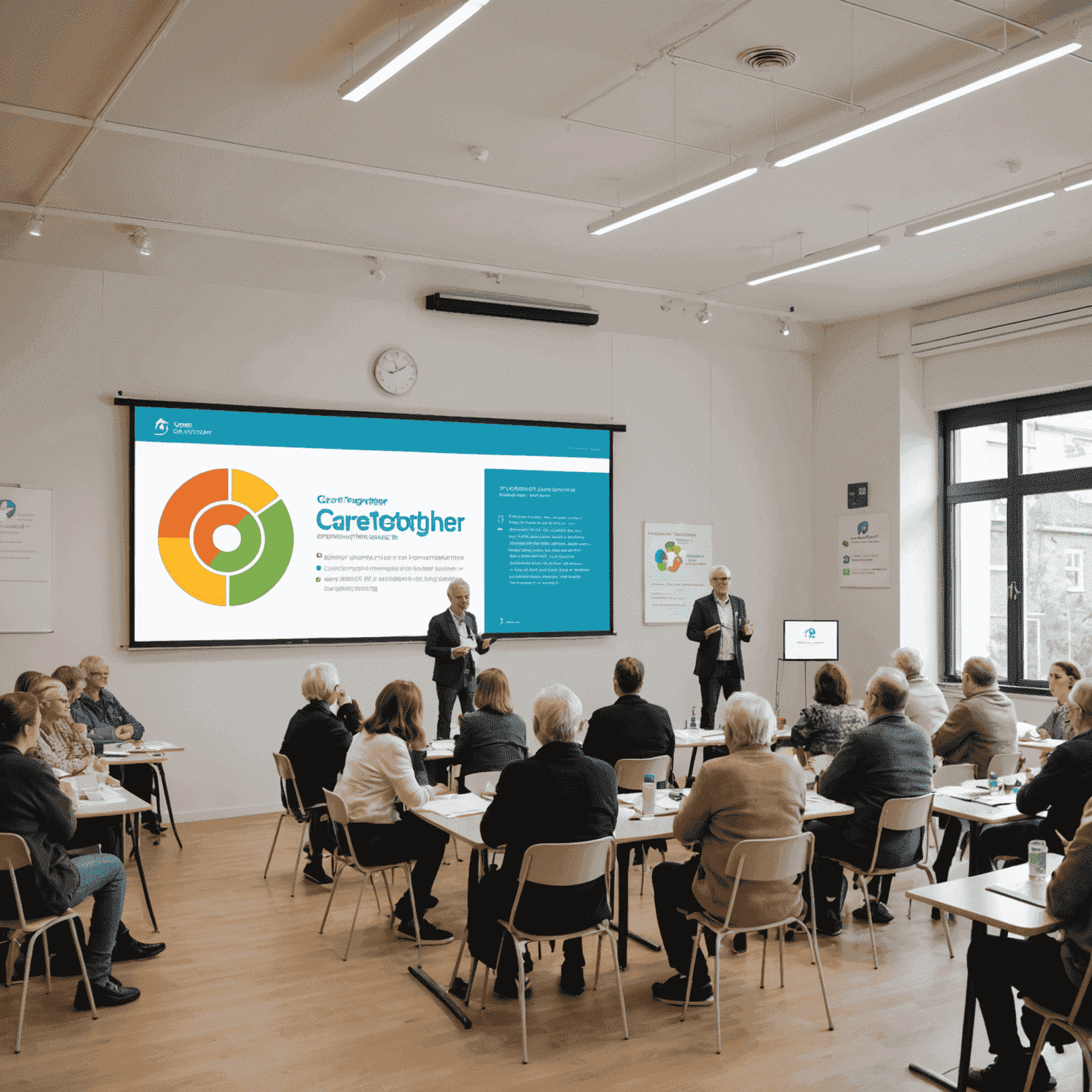 Ein heller Seminarraum mit Menschen verschiedenen Alters, die an einem interaktiven Workshop teilnehmen. An der Wand ist ein Banner mit dem CareTogether-Logo zu sehen.